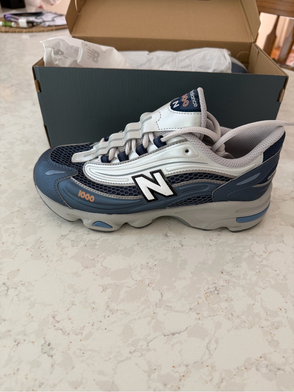 New Balance Kids 1000 Sneakers in Navy and White with Light Gray Accents size 5